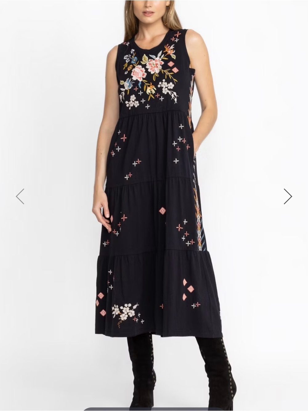 NWT Johnny Was Ceretti Embroidered Black Tank Sleeveless Tiered Maxi Dress Sz L